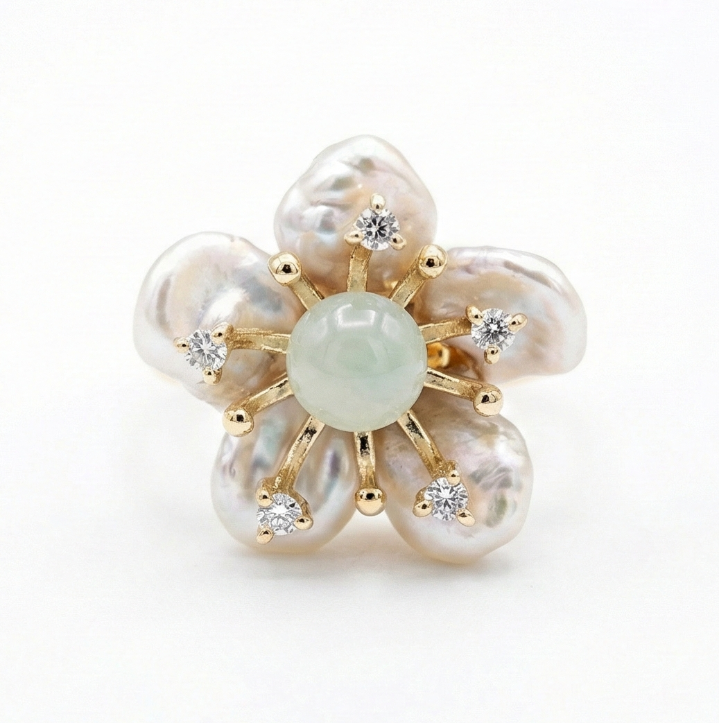 Perlenblüte – Naturstein- & Perlenring aus 925 Silber vergoldet