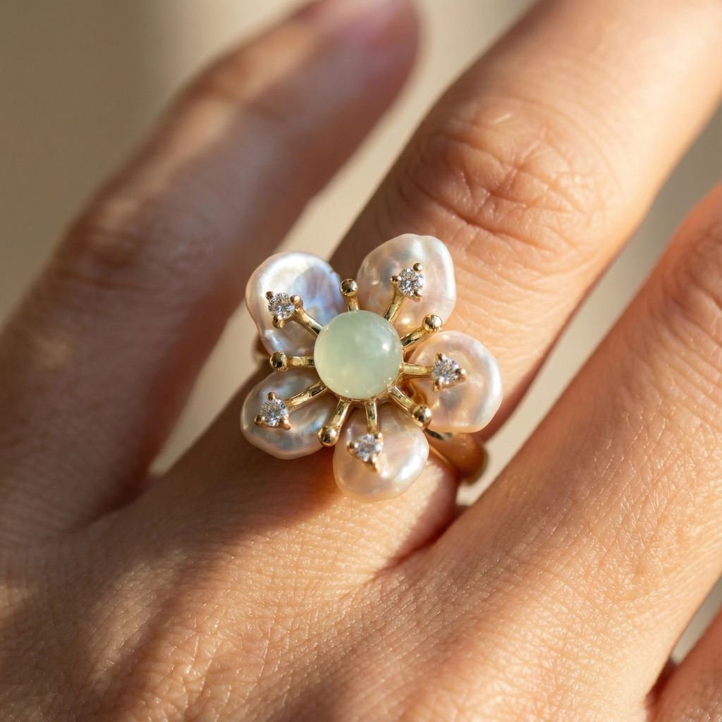 Perlenblüte – Naturstein- & Perlenring aus 925 Silber vergoldet