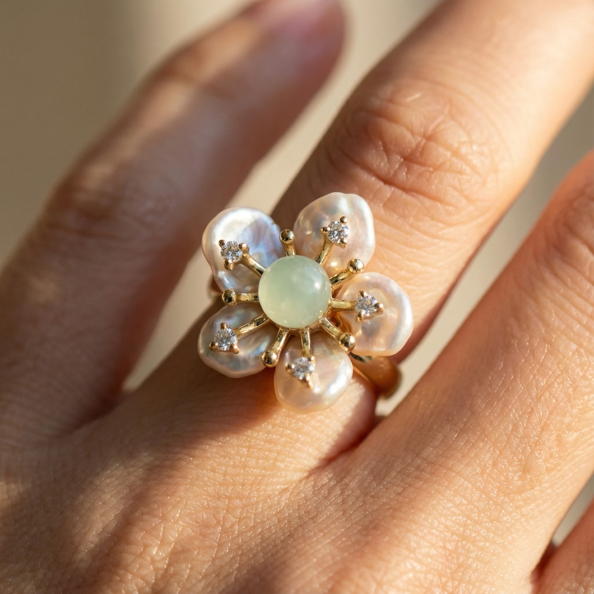 Perlenblüte – Naturstein- & Perlenring aus 925 Silber vergoldet